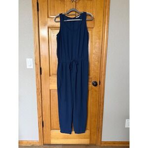 Cabi Navy Blue Sleeveless Wide Leg Jumpsuit Drawstring Waist Pockets Size M